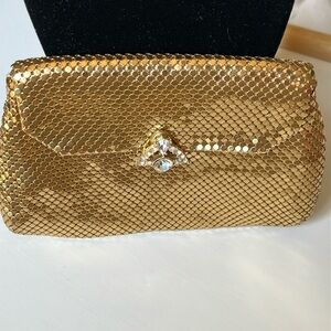 Vintage Whiting & Davis Gold Chainmail Clutch Rhinestone Clasp